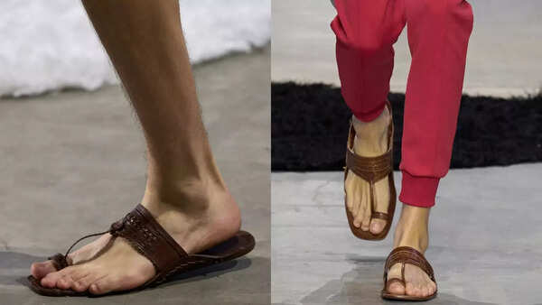 Close-up of Prada's sandals resembling Kolhapuri chappals