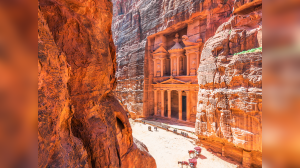 The Treasury in Petra, carved into sandstone cliffs